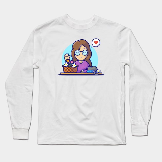 Cute Girl and Flower Bucket, Cat, Book Cartoon Vector Icon Illustration Long Sleeve T-Shirt by Catalyst Labs